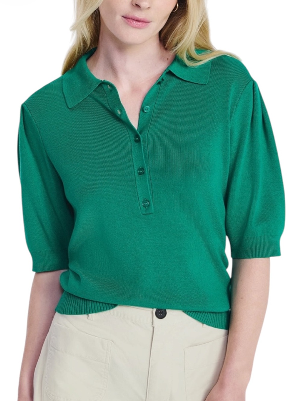 FREE ASSEMBLY Green Collared Lightweight Sweater Tee with Puff Sleeves NWOT